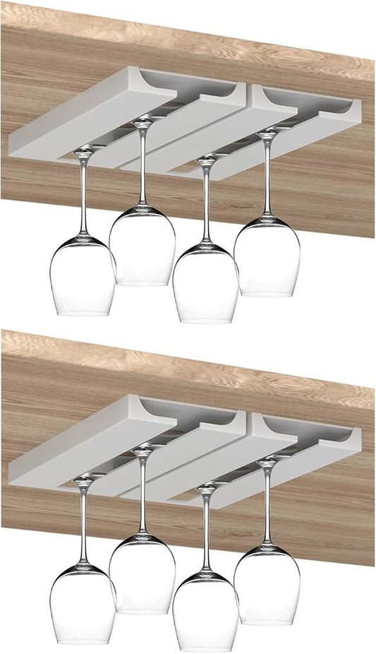 4 PCS Under Cabinet Punch-free Plastic Wine Glass Holder,No Drilling Stemware Rack Glasses Storage Hanger Hanging Stemware Rack for Bar Cabinet Kitchen,White