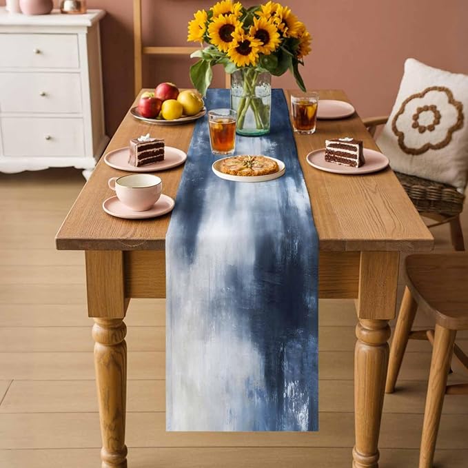 Ombre Dark Blue Short Table Runners 48 Inches, Cotton Linen Fabric Table Runner Dresser Scarf, Modern Simple Painting Art Tablerunner for Party/Kitchen/Dinner/Wedding Decor 13"x48"