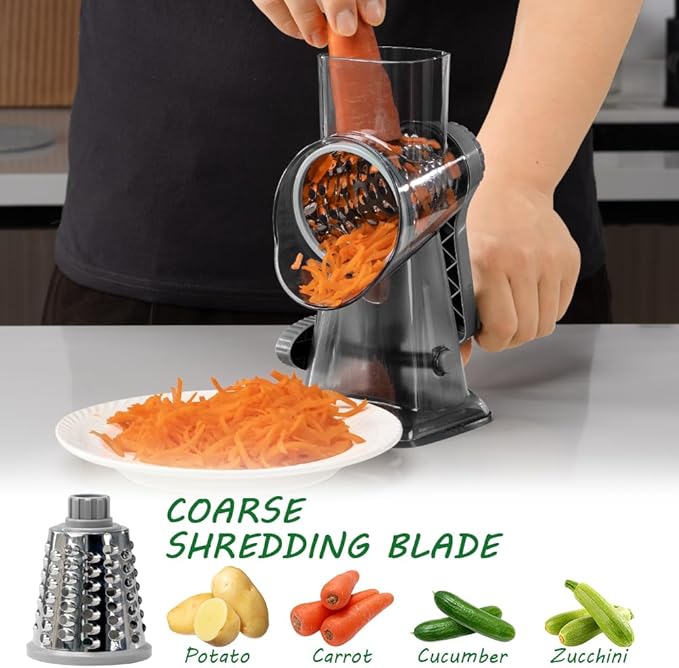Cheese Grater Hand Crank Rotary Vegetables Shredder with Handle, 3-in-1 Graters with Interchangeable Blades and Non-slip Base Multifunctional Slicer for Kitchen