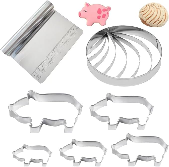 Concha Cutte, Stainless Steel Mexican Bread Mold with 5pc pig cookie cutter，Mexican Kitchen Mold for Bread Cookie Cake Biscuit，Moldes Para Marcador De Conchas
