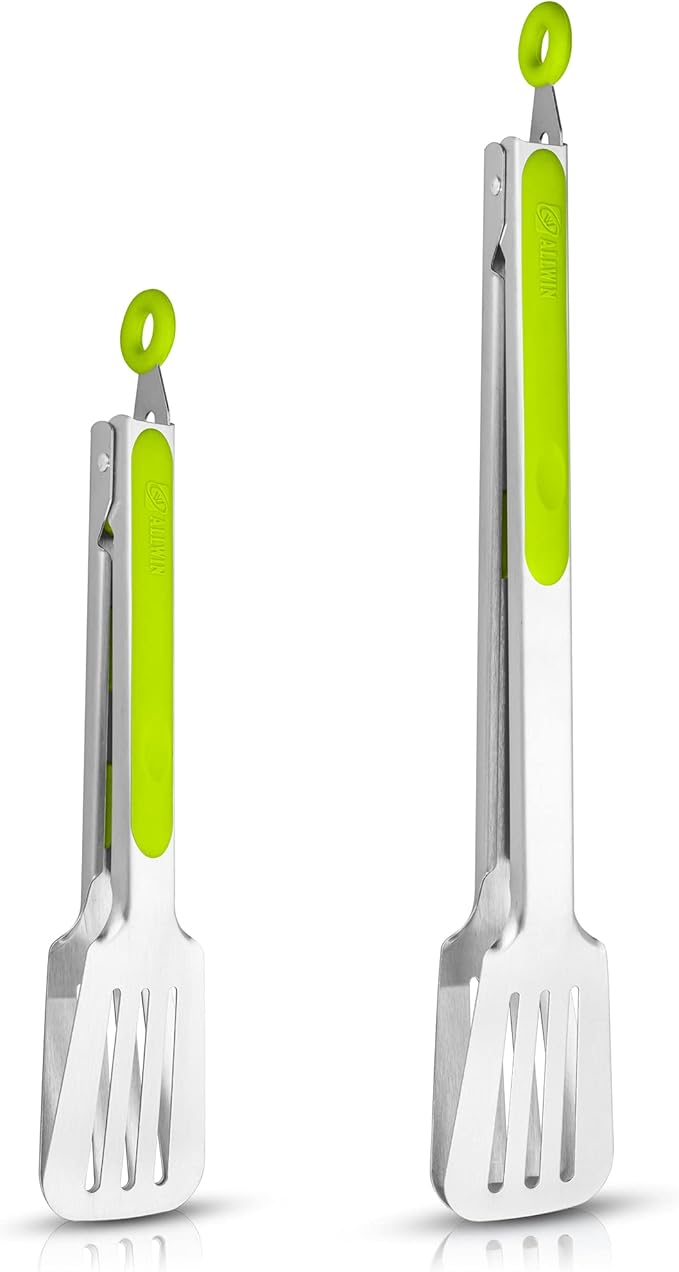 ALLWIN-HOUSEWARE W Premium 304 Stainless Steel Barbecue Turners, Heavy Duty Non-Stick BBQ Cooking Kitchen Tongs, 9" and 12" Green