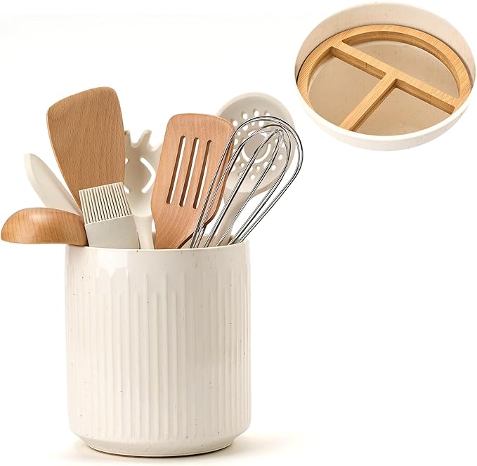 JIEMEI HOME Kitchen Utensil Holder, 7.2" Large Ceramic Stable Utensil Crock for Countertop, Utensil Organizer with Cork Mat, Removable Bamboo Divider for Easy, Kitchen Decor, Aged Ivory Speckle