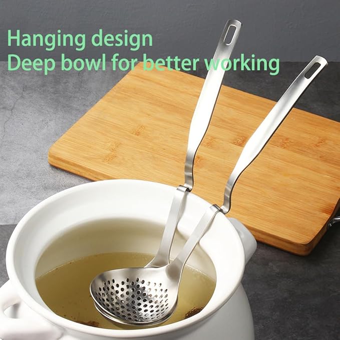 304 Stainless Steel Soup Ladle Hot Pot Ladle Strainer Scoops Set for Cooking, Serving, Soups, Sauces, Stews and More, Silver, 12-Inch (2 Pieces)