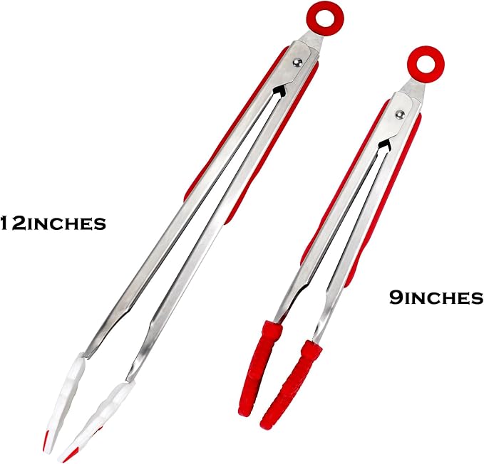 Kitchen Tongs, Premium Stainless Steel, Food-Grade Silicone Tips with Christmas Design, Heat Resistant 500ºF, 2-Piece Set (9'' and 12'')