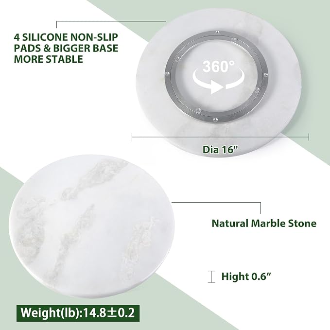 Marble Lazy Susan, 16 in Lazy Susan Turntable Organizer for Cabinet Pantry Kitchen Countertop Fridge Bathroom Makeup Vanity Countertop - White