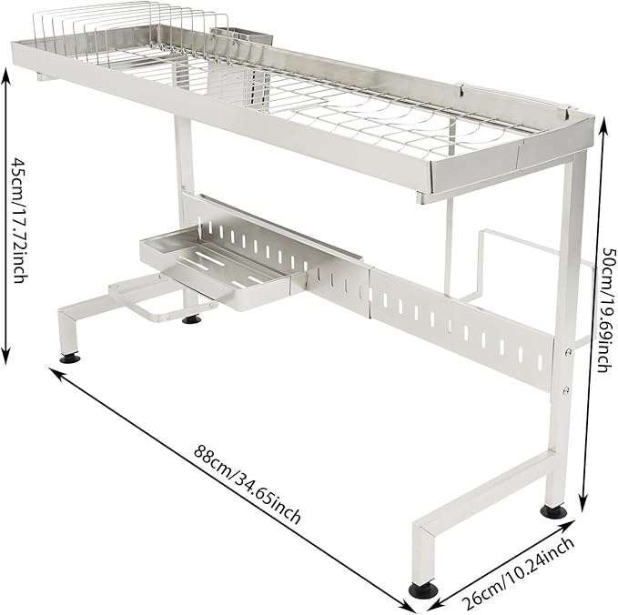 Over The Sink Dish Drying Rack, Stainless Steel Storage Shelf Kitchen Organizer Dish Drainer for Pots Pans Cups Bowls, L34.7*W10.2*H19.7in, Silver
