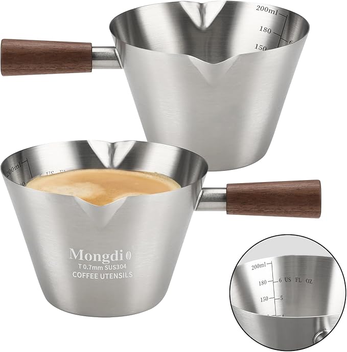 Mongdio 2 Pcs Espresso Measuring Cup, Stainless Steel Espresso Shot Cups with Wooden Handle and Double Spouts, 6.8OZ/200ML, Silver
