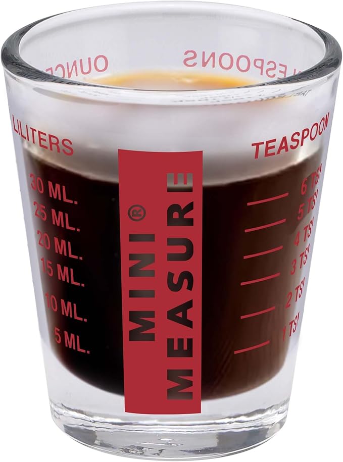 Kolder Mini Measure Multi-Purpose Shot Glass, Heavyweight Glass, Red, Set of 2, For Liquid And Dry Ingredients And Precise Recipe Prep