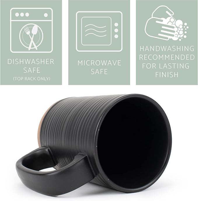 Elanze Designs Tall Ribbed Raw Clay Bottom Black 16 ounce Ceramic Coffee Mugs Set of 4