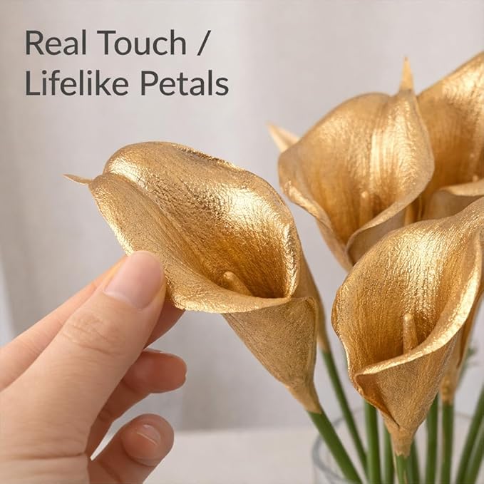Floral Kingdom Artificial Calla Lily Flowers 10 Pack 14 Inch Gold – Real Touch Faux Flowers for Modern Home Decor, Table & Entryway Centerpieces, Wedding Decorations