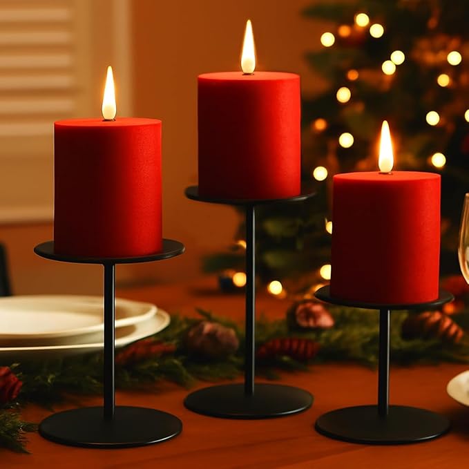 smtyle Modern Black Candle Stand Candelabras, Set of 3 Metal Candleholder Sets for Pillar Candles, Minimalist Farmhouse Decor for Fireplace Mantel & Dining Table Centerpiece