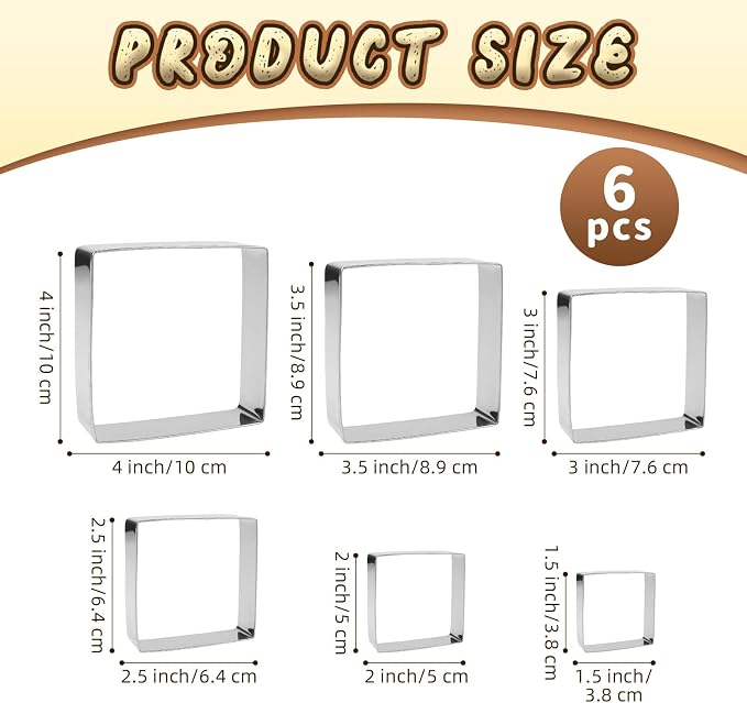 6 Pcs Square Cookie Cutter Set, 6 Sizes Cookie Stainless Steel Cutters, Square Biscuit Stainless Steel Cutter for Home Baking, Party Favors