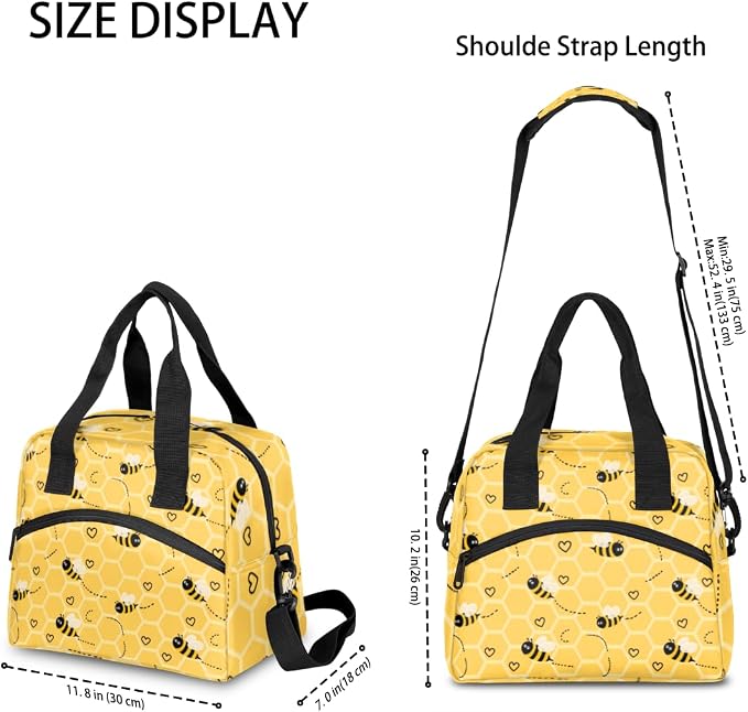 Honeycomb Bees Insulated Lunch Bag for Women Men Reusable Lunch Box Cooler Bag Large Leakproof Lunch Tote with Adjustable Shoulder Strap for Adult Work Picnic Camping Beach Office