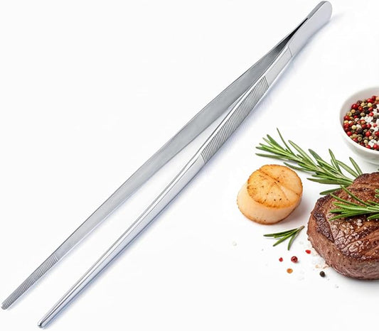 12 Inch Stainless Steel Precision Kitchen Tweezers - Professional Chef-Grade Food Tongs for Cooking, Plating, and Grilling - Fine Serrated Tips for Secure Grip