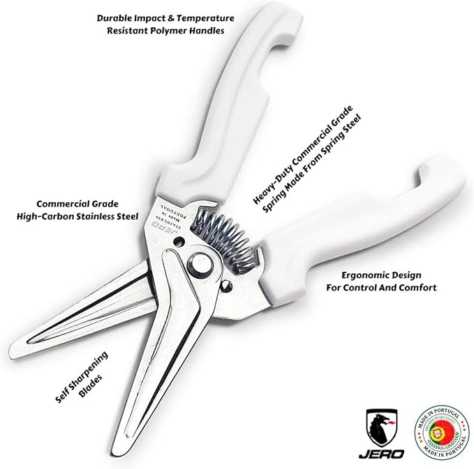 JERO Spring Assisted Kitchen Shears with Holder — Durable Stainless Steel Scissors for Herbs, Kitchen Tasks, Floral Trimming, Crafting — Made in Portugal by Jero Knife Company