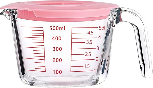Glass Measuring Cups with Lids Set, Borosilicate Glass V-Shaped Spout Microwave Safe Scales Milk Cup for Cooking Baking (Pink, 2CUP)