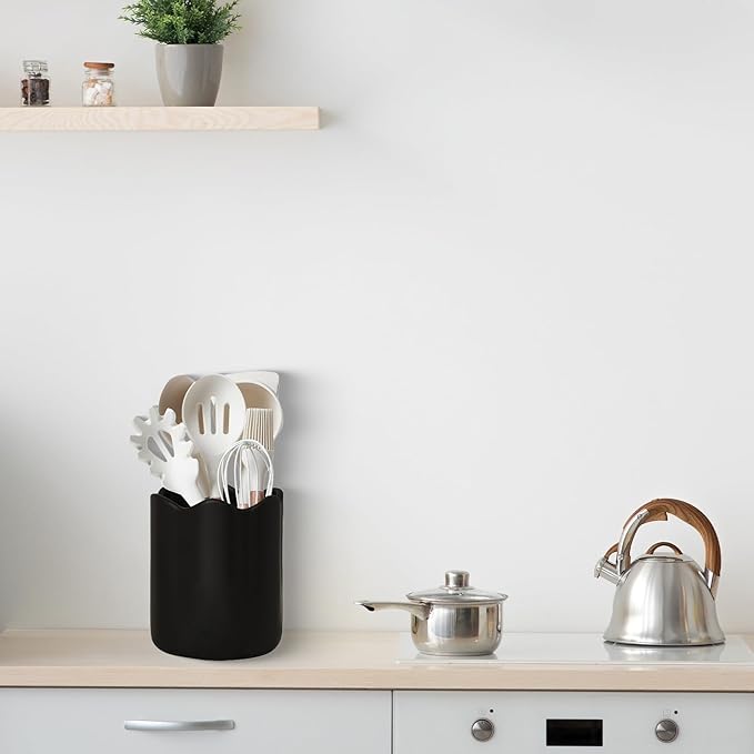 Large Utensil Holder for Kitchen Counter, Ceramic Kitchen Utensil Crock with Protection Cork Mat, Modern Cooking Tools Organizer for Countertop, Black