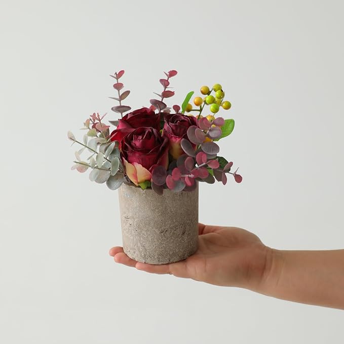 Small Artificial Burnt Burgundy Rose Potted Plant, 6" Fake Silk Flowers in 3" Cylindrical Pot, Mini Faux Floral Arrangement for Desk Shelf Bathroom Decor