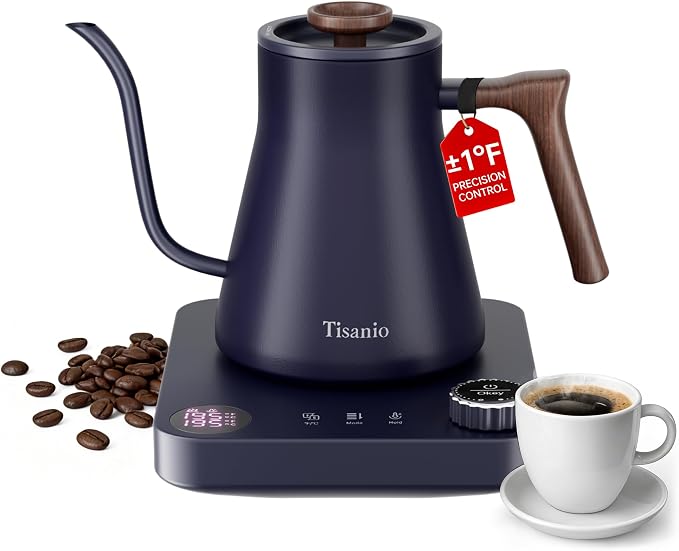 Gooseneck Electric Kettle for Pour Over Coffee, ±1°F Precision Control, Smart Two-Stage Heating, 2-Hour Keep Warm, 0.9L Stainless Steel, Blue Wood Handle