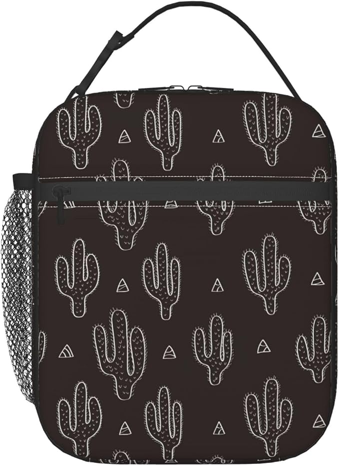 Black Cactus Fun Western Insulated Lunch Bag Portable Reusable Zipper Lunch Box For Men Women Work Picnic Travel Camping