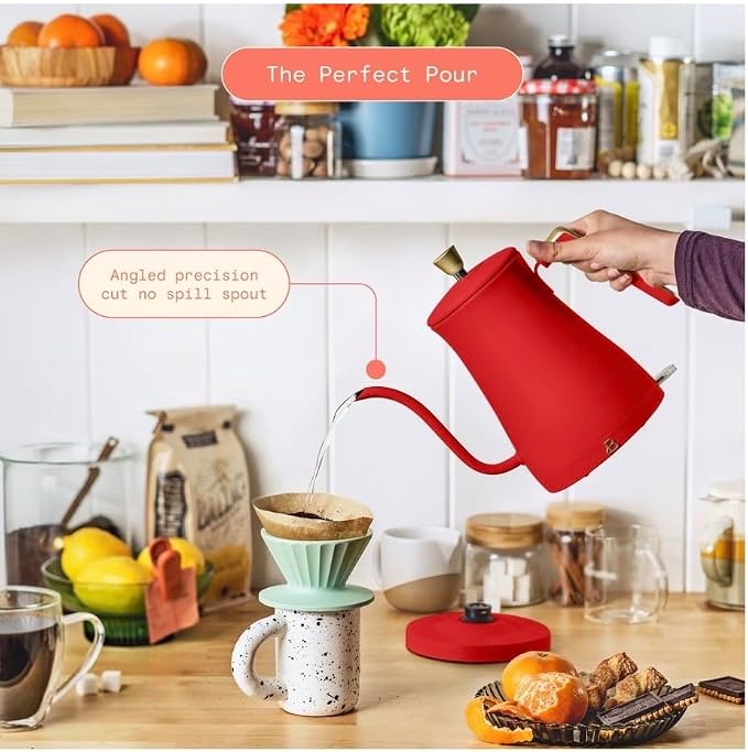 Beautiful Electric Gooseneck Kettle, 1 Liter, 1200W, Stainless Steel Interior, Fast Boil, Precision Pour Spout, Auto Shut-Off & Boil-Dry Protection (Red)