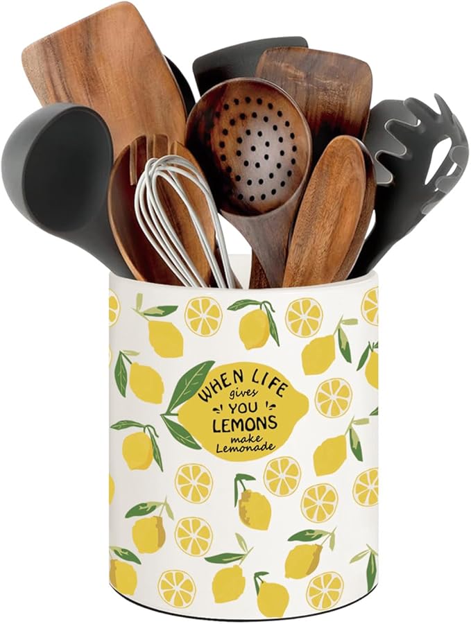 Lemon Kitchen Decor, 6.5inch Ceramic Utensil Holder with Lemon Design, Rustic-Style Indoor Kitchen Utensil Storage Rack,Ideal for Spoon Storage and Cooking Tools, Gift for Kitchen Organizers