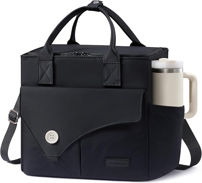 LOVEVOOK Large Insulated Lunch Bag for Women, Wide Opening Leakproof Cooler Tote with Cup Holder and Shoulder Strap, Adult Lunch Box for Picnic Hiking Beach