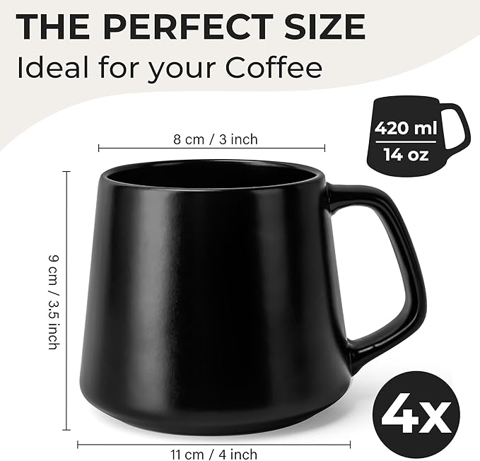 MIAMIO - Coffee Mugs Set of 4 / Large Ceramic Coffee Cups (14 oz) - Mug for Cappuccino, Tea, Espresso - Microwave and Dishwasher Safe - Luxe Collection (Black Series)