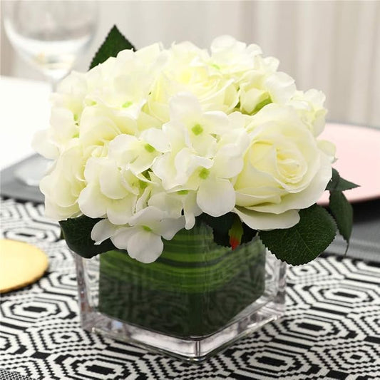 Fule Artificial Silk Rose Flower Centerpiece Arrangement in vase for Home Wedding Decoration (Spring White)