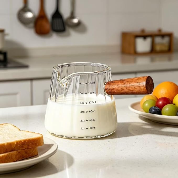 6 oz Espresso Cups - Glass Measuring Cups with Spout - Ribbed Small Creamer Pitcher- Expresso Shots Cup with Wood Handle for Coffee Milk, Dishwasher Safe (Transparent, 1 pack)