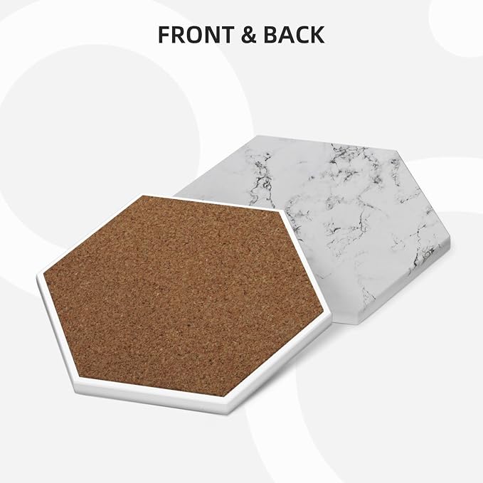 White Marble Drinks Coasters Absorbent Stone with Holder Set of 6, Abstract Luxury ModernWhite Grey/Gray Marble Hexagon Ceramic Coaster for Coffee Table Protection (Hexagonal)