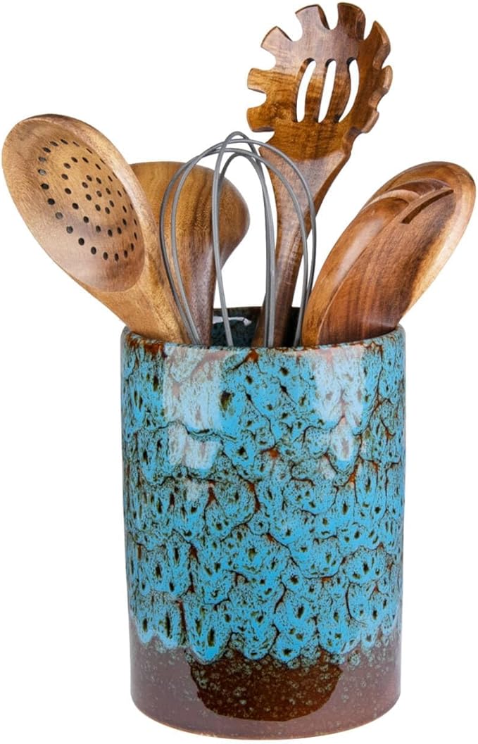 Utensil Holder, Blue Ceramic Kitchen Utensil Holder for Countertop, Large Cooking Utensil Crocks for Kitchen Counter, Morden Utensil Organizer for Spatula, kitchen Decor