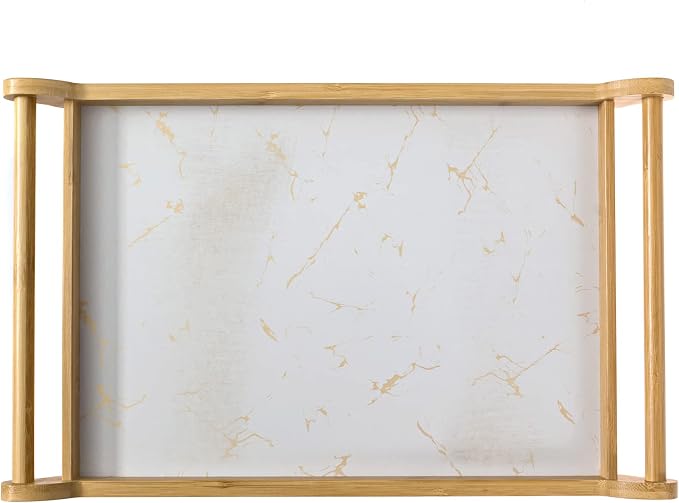 Large Serving Tray - Bamboo Wood Rectangle W/Round Handles - Great Coffee Table or Ottoman Platter Decorative Trays - Breakfast, Dinner, Eating Food in Bed, or Tea Tray W/Raised Edge 18x12 White
