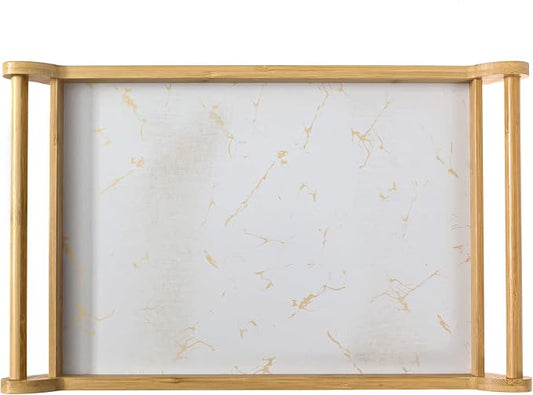 Large Serving Tray - Bamboo Wood Rectangle W/Round Handles - Great Coffee Table or Ottoman Platter Decorative Trays - Breakfast, Dinner, Eating Food in Bed, or Tea Tray W/Raised Edge 18x12 White