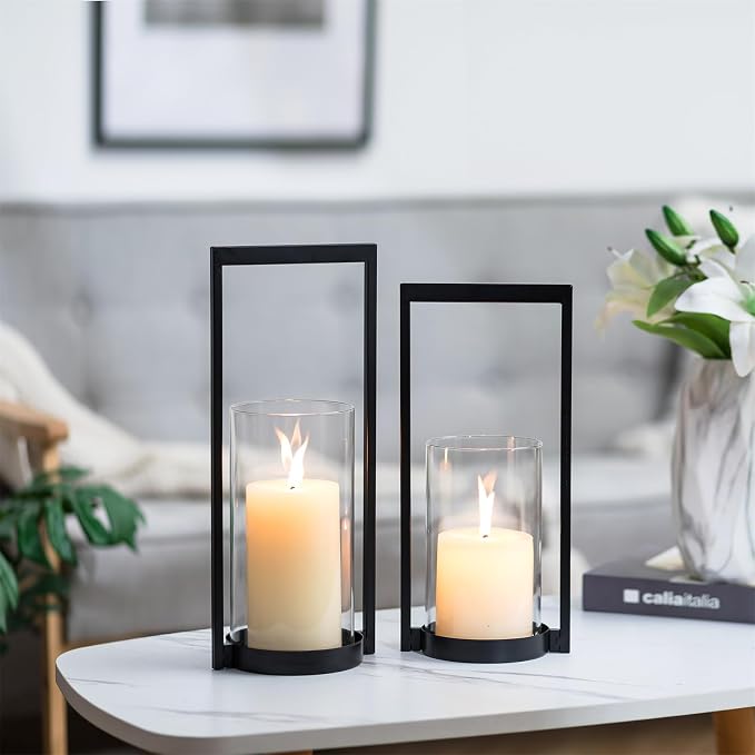 Sziqiqi Hurricane Candle Holder for Pillar: Black Modern Candle Holders for Table Centerpiece - Geometric Candle Stand Set of 2 with Glass for Living Room Fireplace Christmas Decor