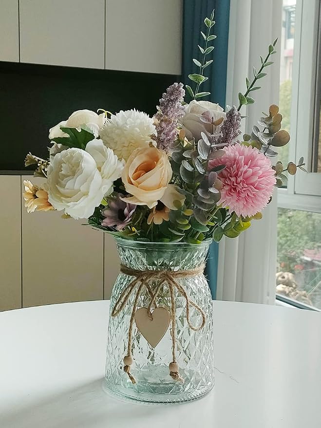 Fake Flowers with Vase, Faux Peony Silk Flowers for Home Decor,Fake Flowers with Vase for Coffee Table Decor,Living Room Bathroom Plant Decor, Centerpiece Table Decorations