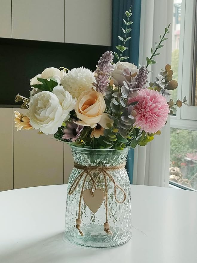 2 Pack Set Fake Flowers with Vase, Faux Peony Silk Flowers for Home Decor,Fake Flowers with Vase for Coffee Table Decor,Living Room Bathroom Plant Decor, Centerpiece Table Decorations