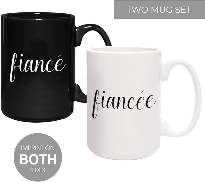 Canopy Street Fiance And Fiancee Mugs / 2 Jumbo 15 Ounce Engaged Couple Black And White Matching Ceramic Mugs/Modern Newlywed Relationship Engagement Cup Set/Wedding Coffee Drinkware