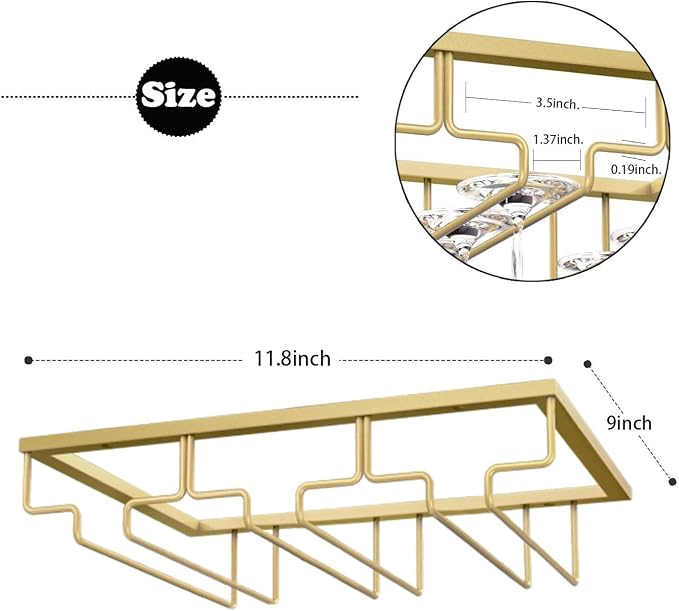 Wine Glass Rack, Under Cabinet Stemware Wine Glass Holder, Wine Glasses Storage Hanger Metal Organizer for Cabinet Kitchen Bar (Gold, 3 Rows 1 Pack)
