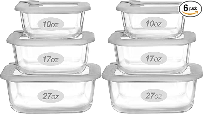Glass Food Containers with Glass Lid, Microwave Safe Food Storage Container Set, 6 Pack Square Shape, Large Size Airtight Storage Set with Leak Proof Lids, Meal Prep Containers