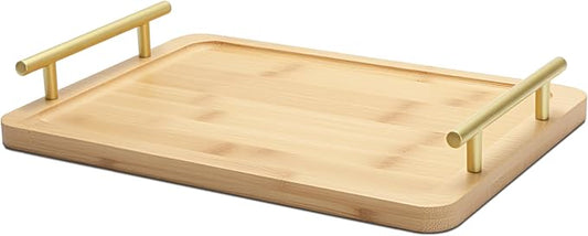 Serving Tray Small Size, 12"x7.5"x1.75" Bamboo Serving Trays with Metal Handles, Small Tray for Ottoman Coffee Table, Home Decor