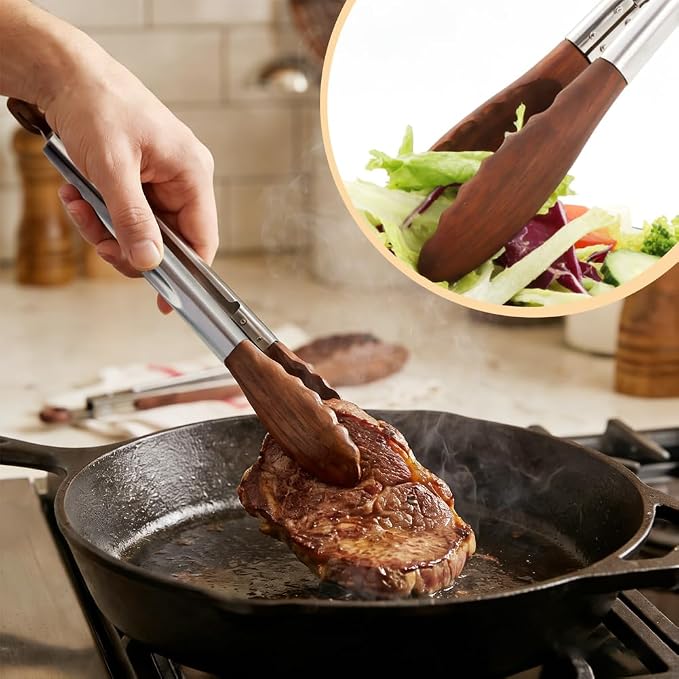 Wooden Tongs for Cooking, Stainless Steel Salad Tongs with Walnut Wood Tip, Multifunctional Stainless Steel Handle Kitchen Tong for Serving Food, Bread, BBQ, Tossing Salad(COLOR:2 pcs)