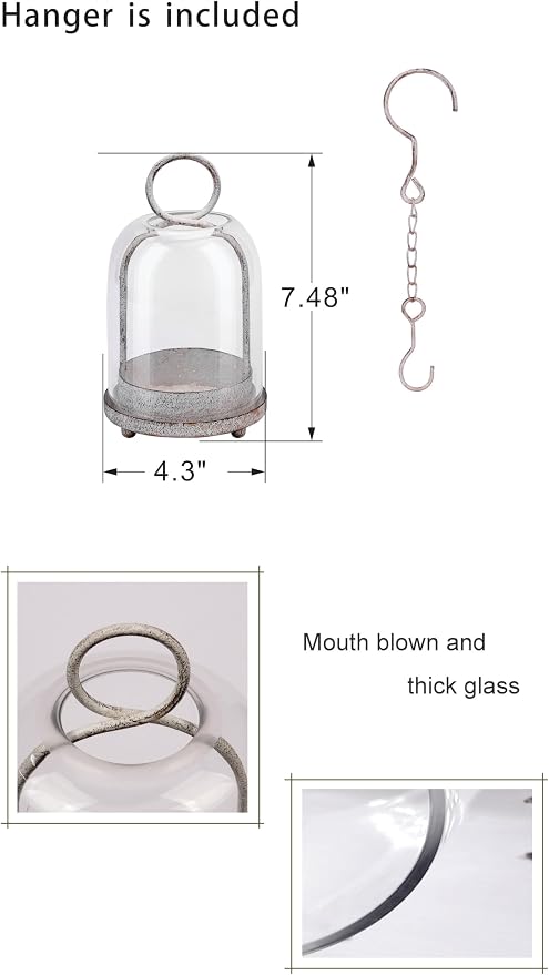 7.5" High Versatile Modern Metal Hurricane Lantern with Handmade Sturdy Glass Dome in Shabby White for 2" Pillar Candle & Plants, Industrial, Farmhouse (White Shabby, 4" x7.5 for 2" Pillar)