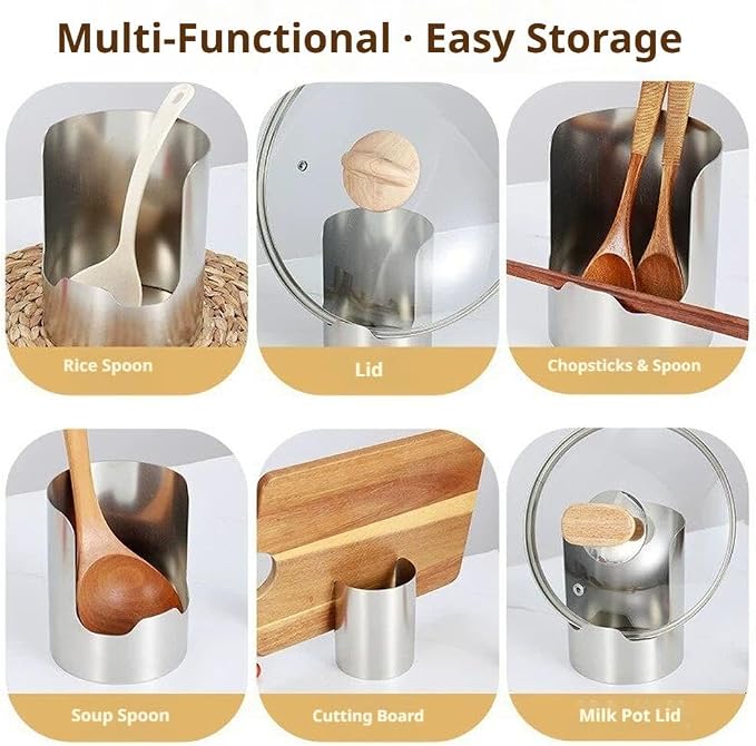 Multi-functional Kitchen Utensil Holder,Stainless Steel Organizer, Vertical Utensil Countertop Holder & Pot Lid Rest Stand for Kitchen RV Campers Homes