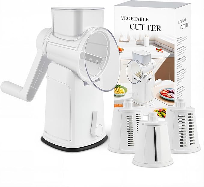 Rotary Cheese Grater for Kitchen, 3-in-1 Manual Vegetable Slicer & Shredder with 3 Stainless Steel Blades, Strong Suction Base Hand Crank Mandoline Food Processor for Cheese, Potato, Nut