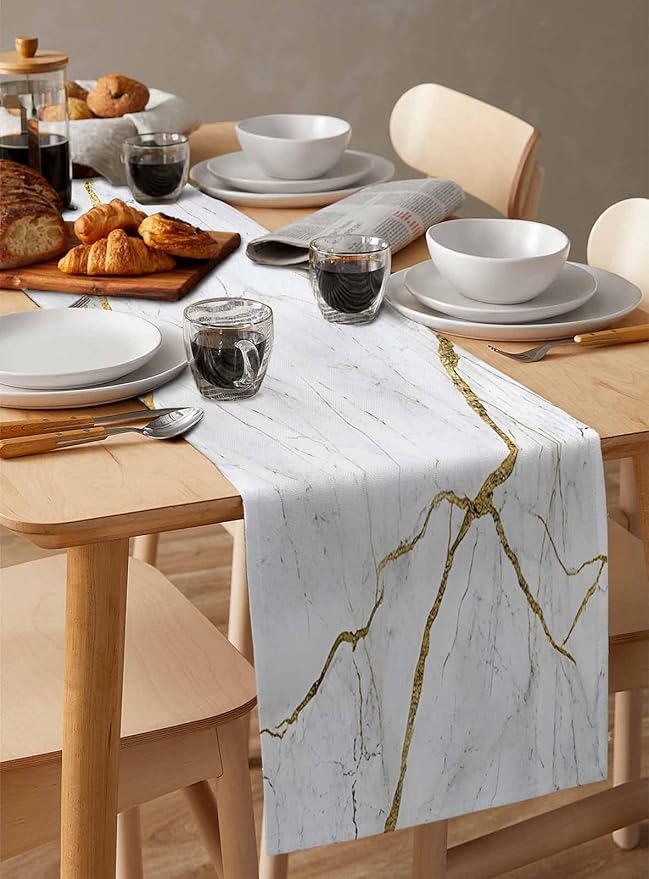Marble White Gold Table Runner 72 Inch Long Dresser Scarves Modern Abstract Marble Cotton Linen Tablerunners Farmhouse Rustic Dining Kitchen Burlap Table Setting Decor for Party Holiday Home, 16"x72"