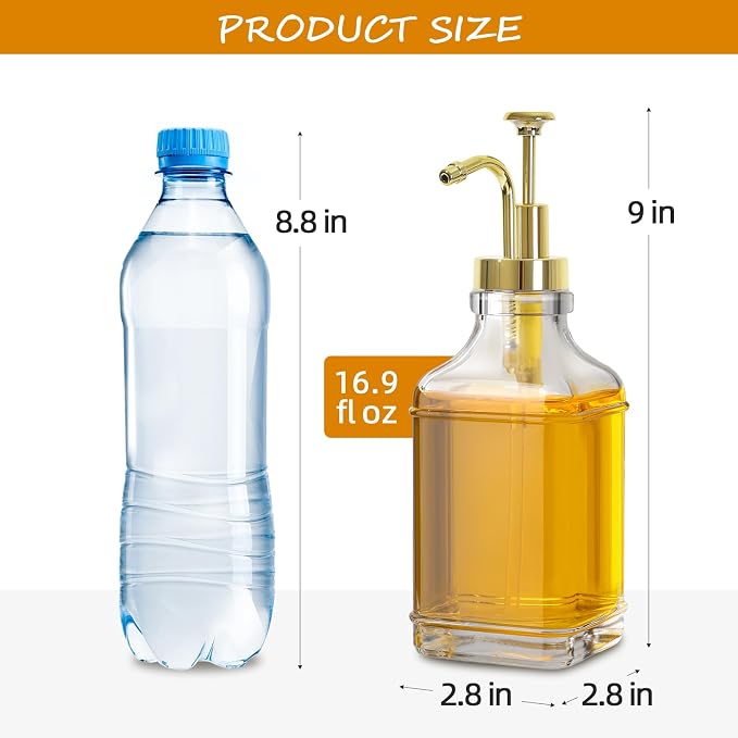 Gold Coffee Bar Accessories, Coffee Syrup Dispenser 16.9 fl oz/500ml, Glass Syrup Dispenser with Gold Pump Dispenser, Labels, Spoons for Coffee Bar, 4 Pack