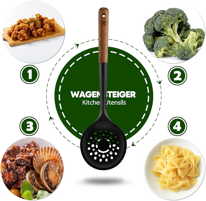 WAGENSTEIGER Silicon Cooking Skimmer Ladle with Wooden Handle: Slotted Cooking Spoon for Deep Frying Food, Food Separator, Heat Resistant, BPA Free, Gentle Head Design for Non-Stick Cookware