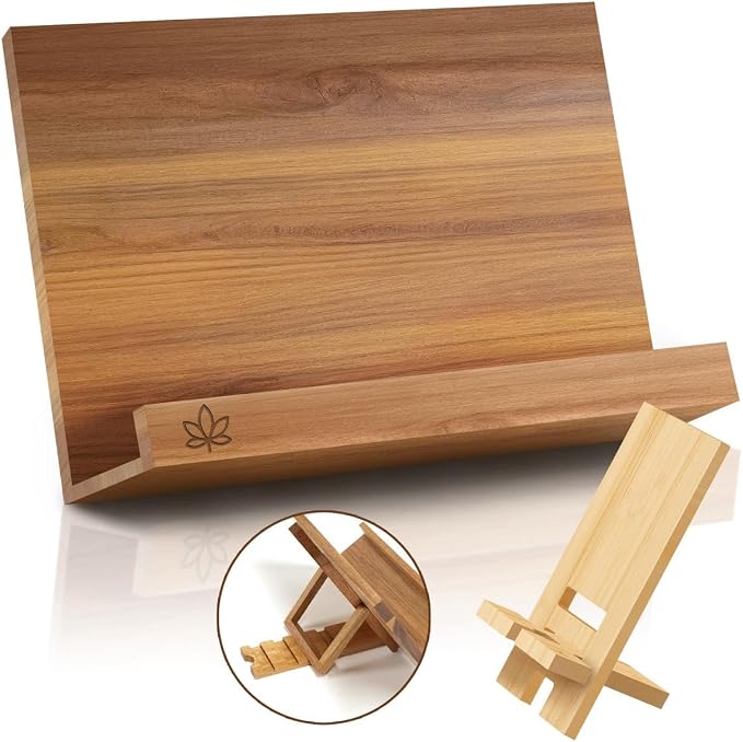 Acacia Cookbook Stand for Kitchen Counter – Adjustable Wooden Recipe Book Holder for Cookbooks, Recipe Binders & Tablets | Foldable Wood Book Stand with Bamboo Phone Holder | Gift-Ready Kitchen Set