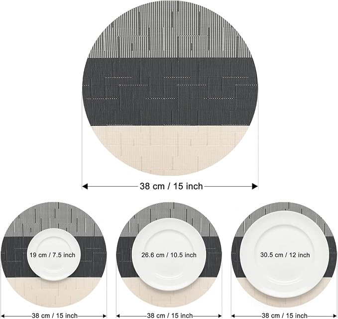 Round Placemats Set of 6, 15 Inch Woven Vinyl Heat Resistant Place Mats, Washable Non Slip PVC Table Mats for Kitchen Dining Party Outdoor Table Decor (Beige Black, 6)